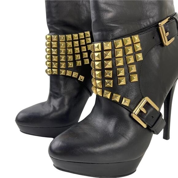 Michael Kors Rock and Roll Black Leather Gold Studs Harness Booties Boots 7M - Picture 7 of 15